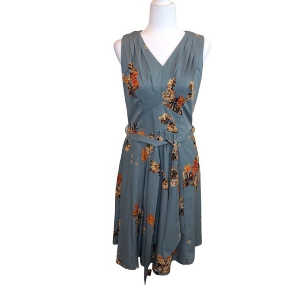 eShakti Teal Floral V Neck Dress